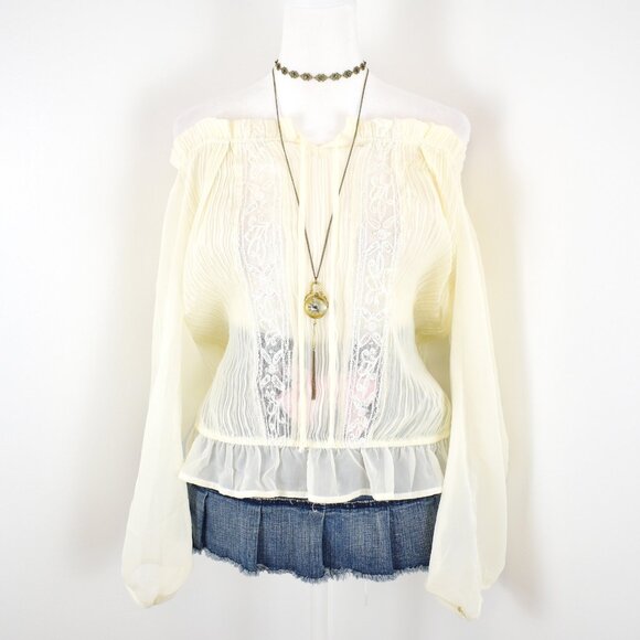 VTG 00s Y2K FANG Cream White Sheer Sequin Pleated Chiffon Pirate Sleeve Top Sz L - Picture 1 of 9